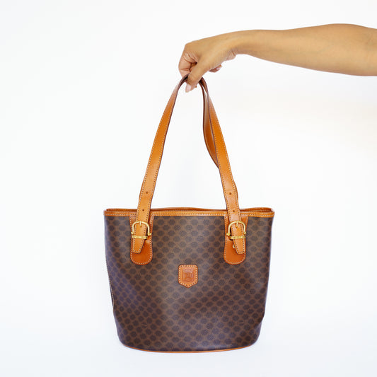 Celine Vintage Bucket Bag in Brown Macadam 160726S02
