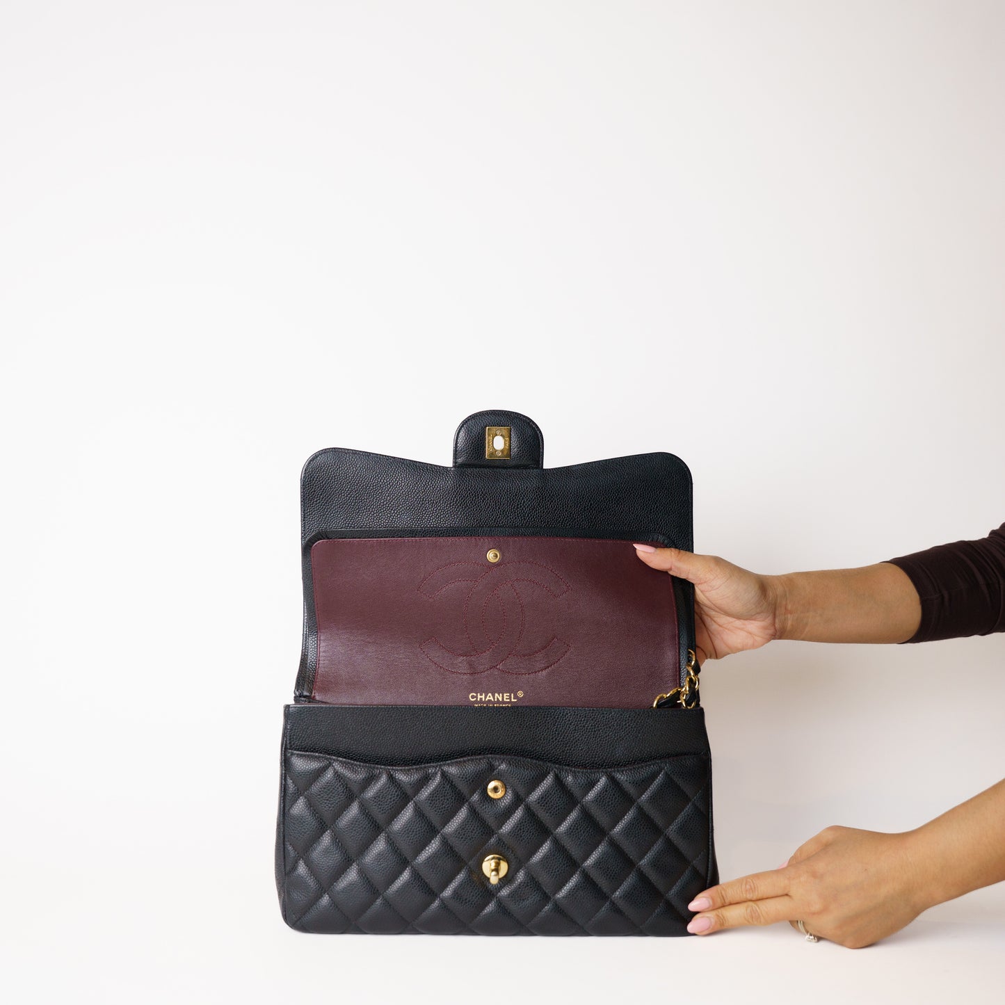 Chanel Classic Jumbo Flap in Black Caviar Leather in Gold Hardware 181225B04