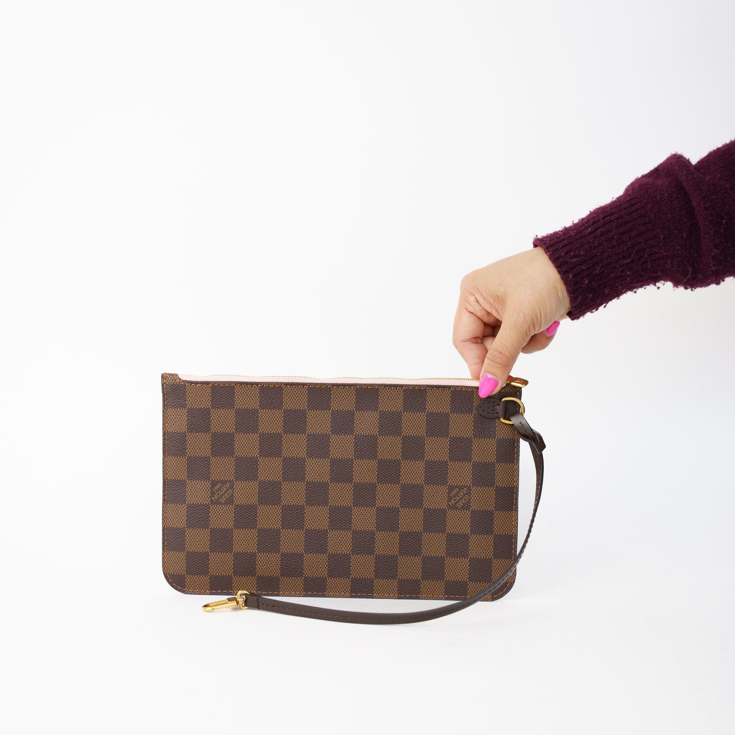 Louis Vuitton Neverfull Pouch in Damier Ebene with Rose Ballerine Interior 190226B08