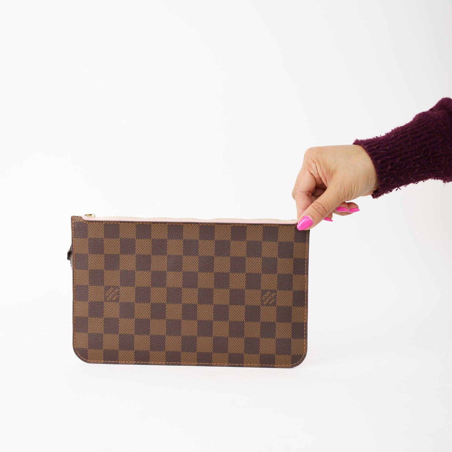 Louis Vuitton Neverfull Pouch in Damier Ebene with Rose Ballerine Interior 190226B08