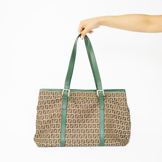 Fendi  Zucchino Tote Bag with Green Leather Trim 210526G15