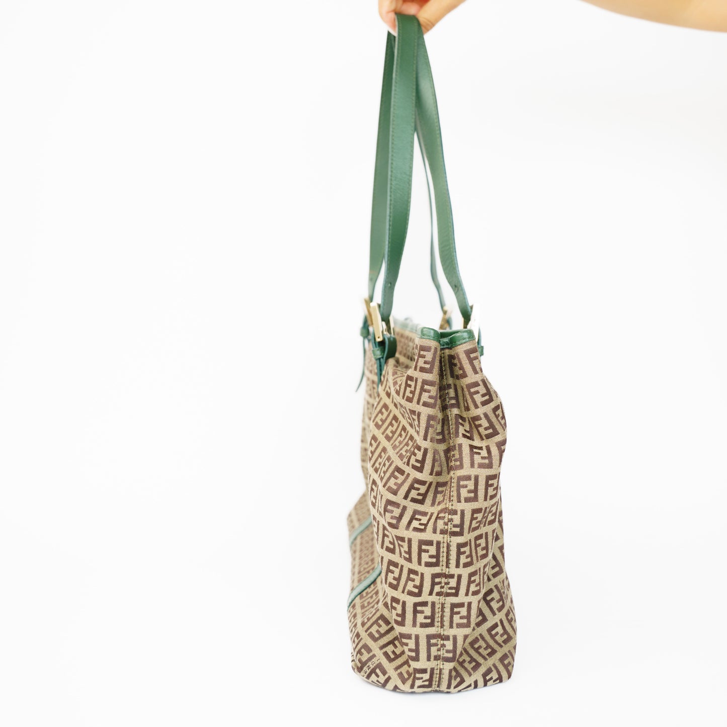 Fendi  Zucchino Tote Bag with Green Leather Trim 210526G15