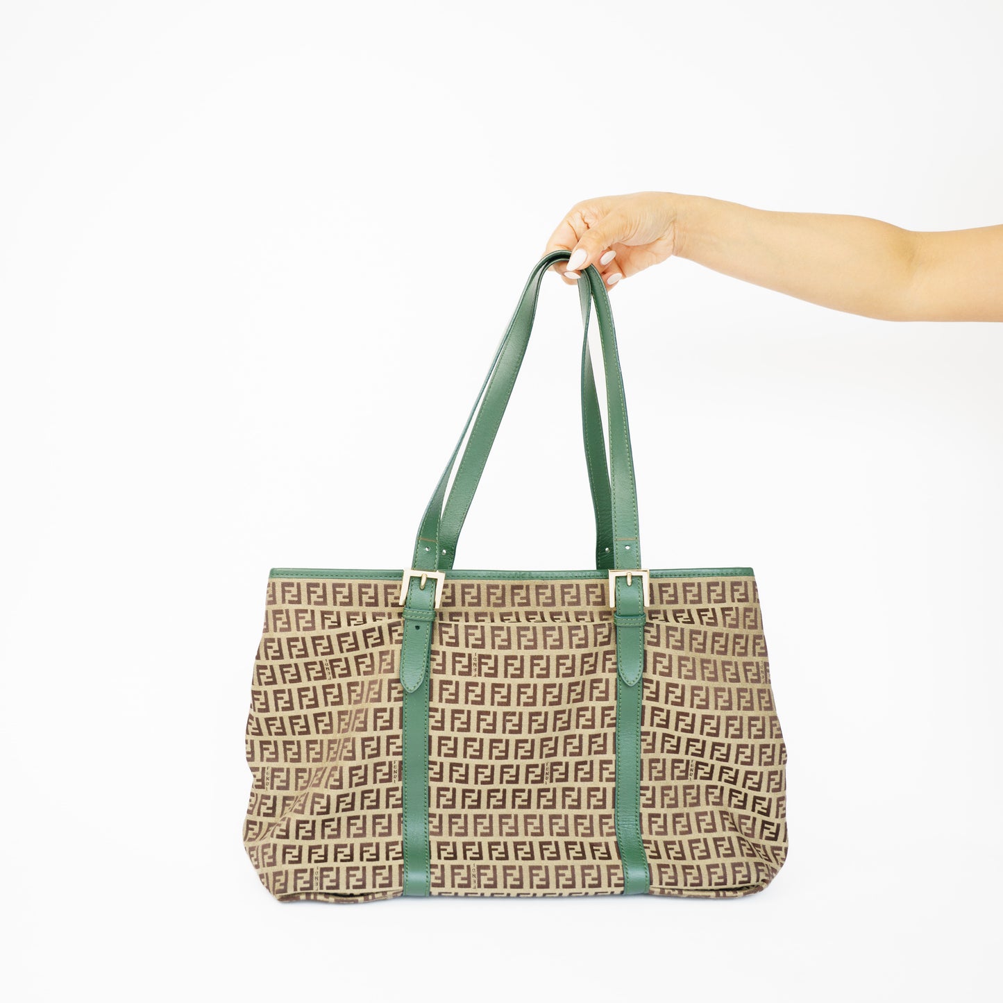 Fendi  Zucchino Tote Bag with Green Leather Trim 210526G15