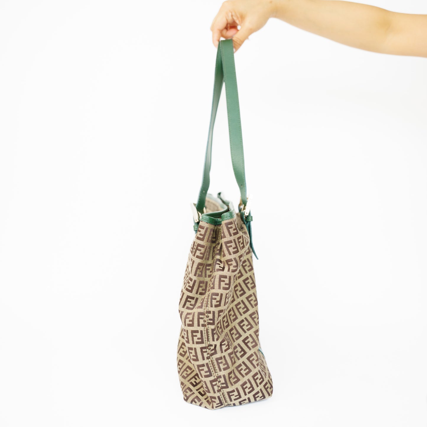 Fendi  Zucchino Tote Bag with Green Leather Trim 210526G15