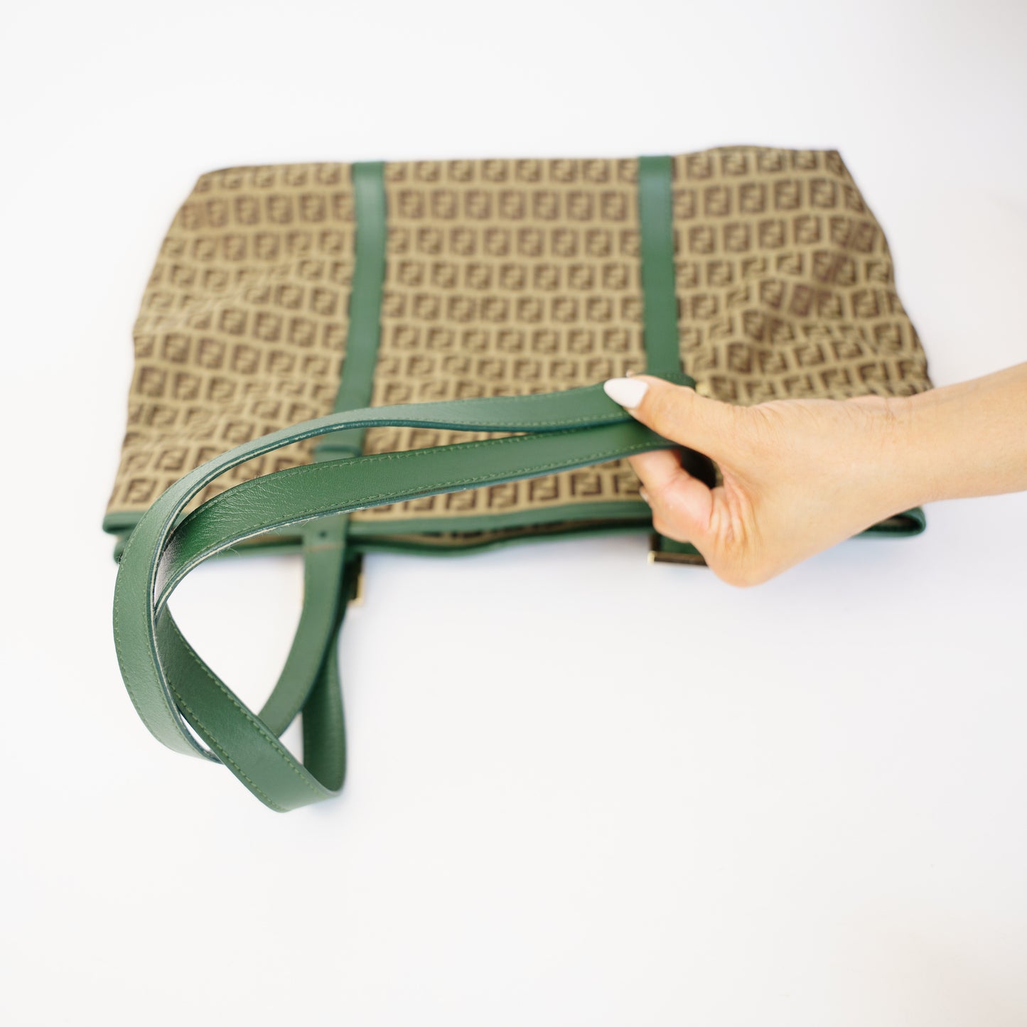 Fendi  Zucchino Tote Bag with Green Leather Trim 210526G15