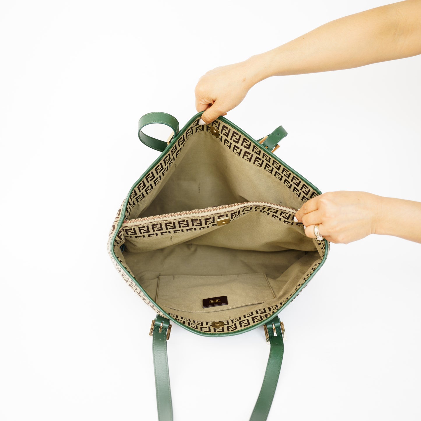 Fendi  Zucchino Tote Bag with Green Leather Trim 210526G15