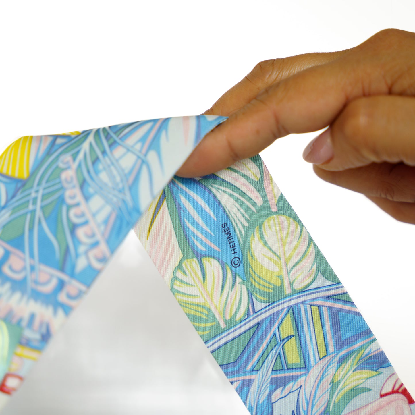 Hermes Twilly Light Blue Multicolor Silk Leaf Print