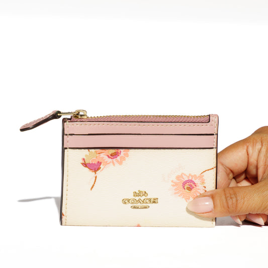 Coach Burgundy and Pink Flowers Zippered Coin Card Holder