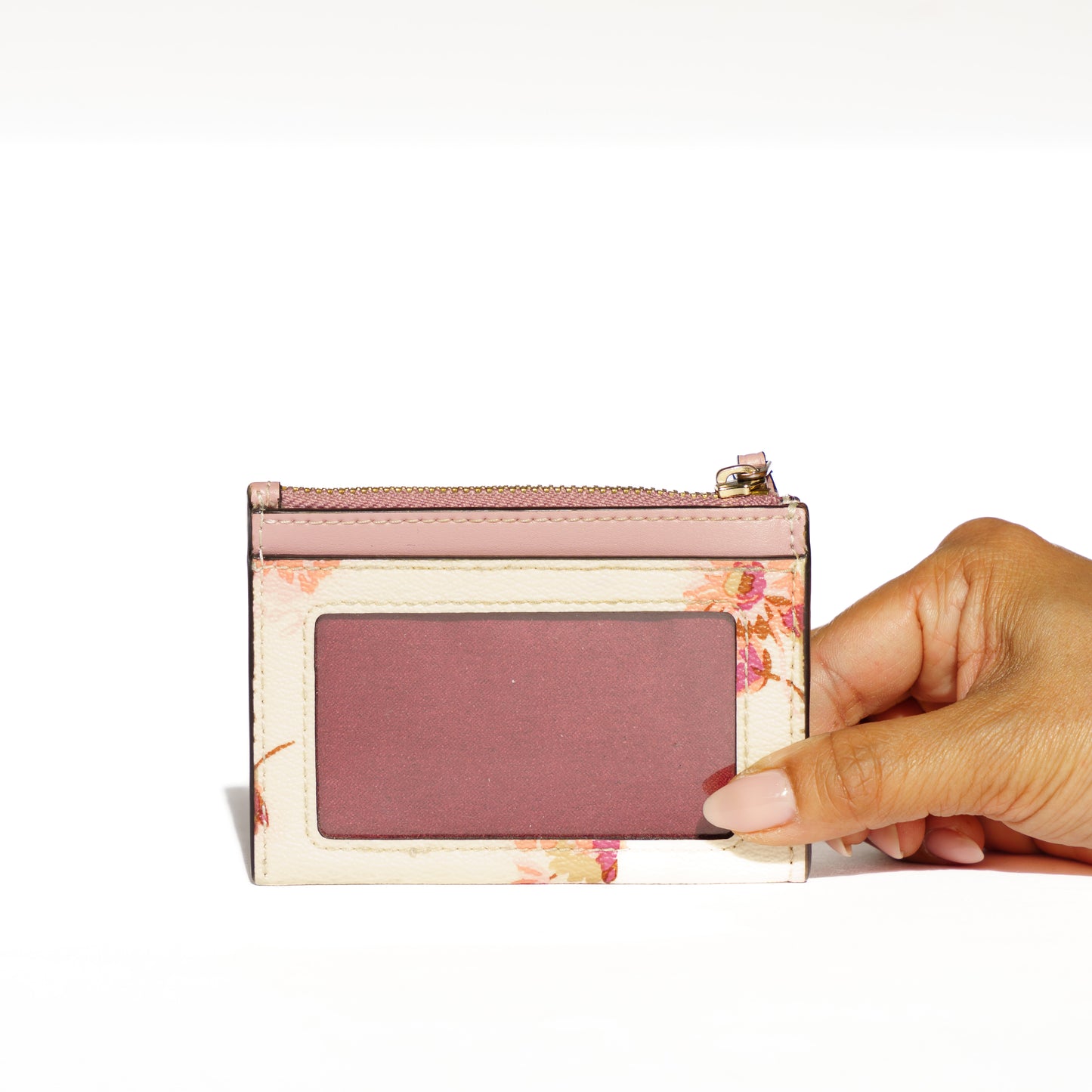 Coach Burgundy and Pink Flowers Zippered Coin Card Holder