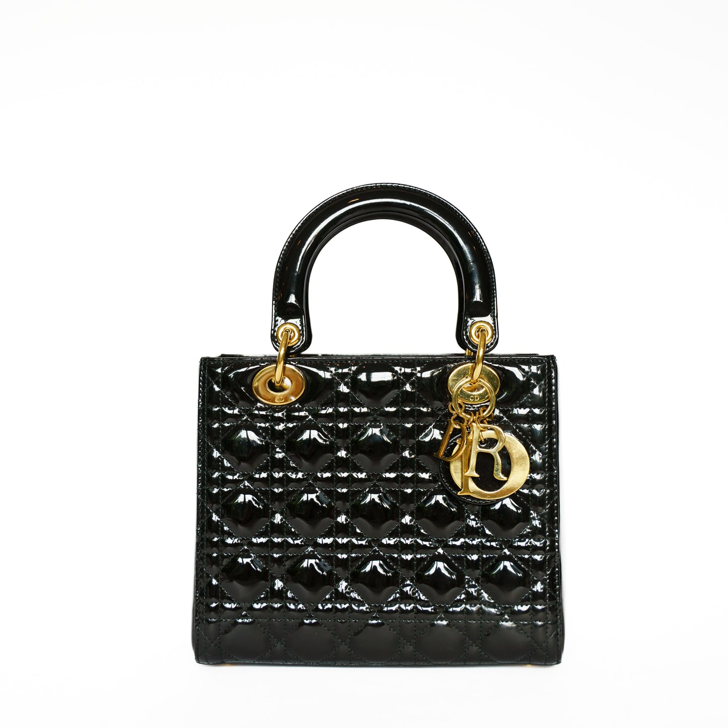Christian Dior Medium Lady Dior Bag in Black Patent Leather with Gold Hardware