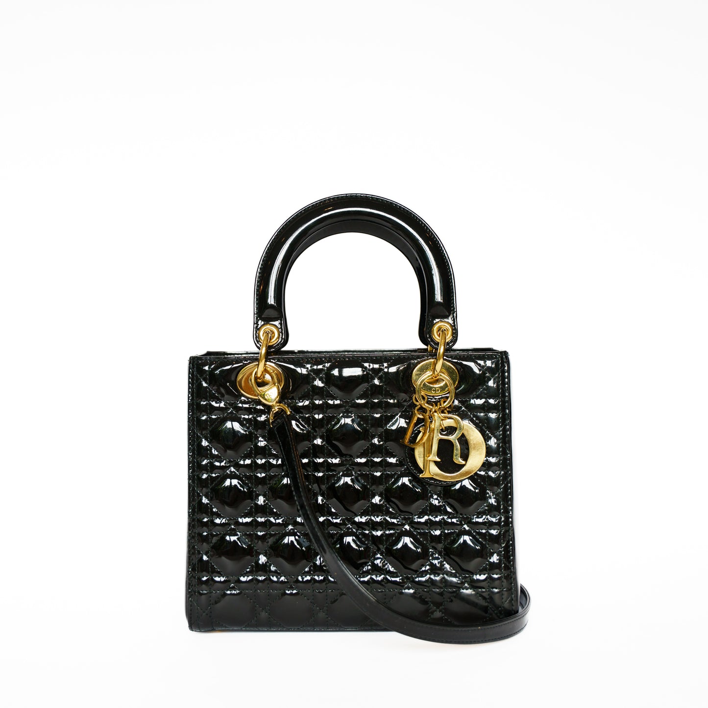 Christian Dior Medium Lady Dior Bag in Black Patent Leather with Gold Hardware