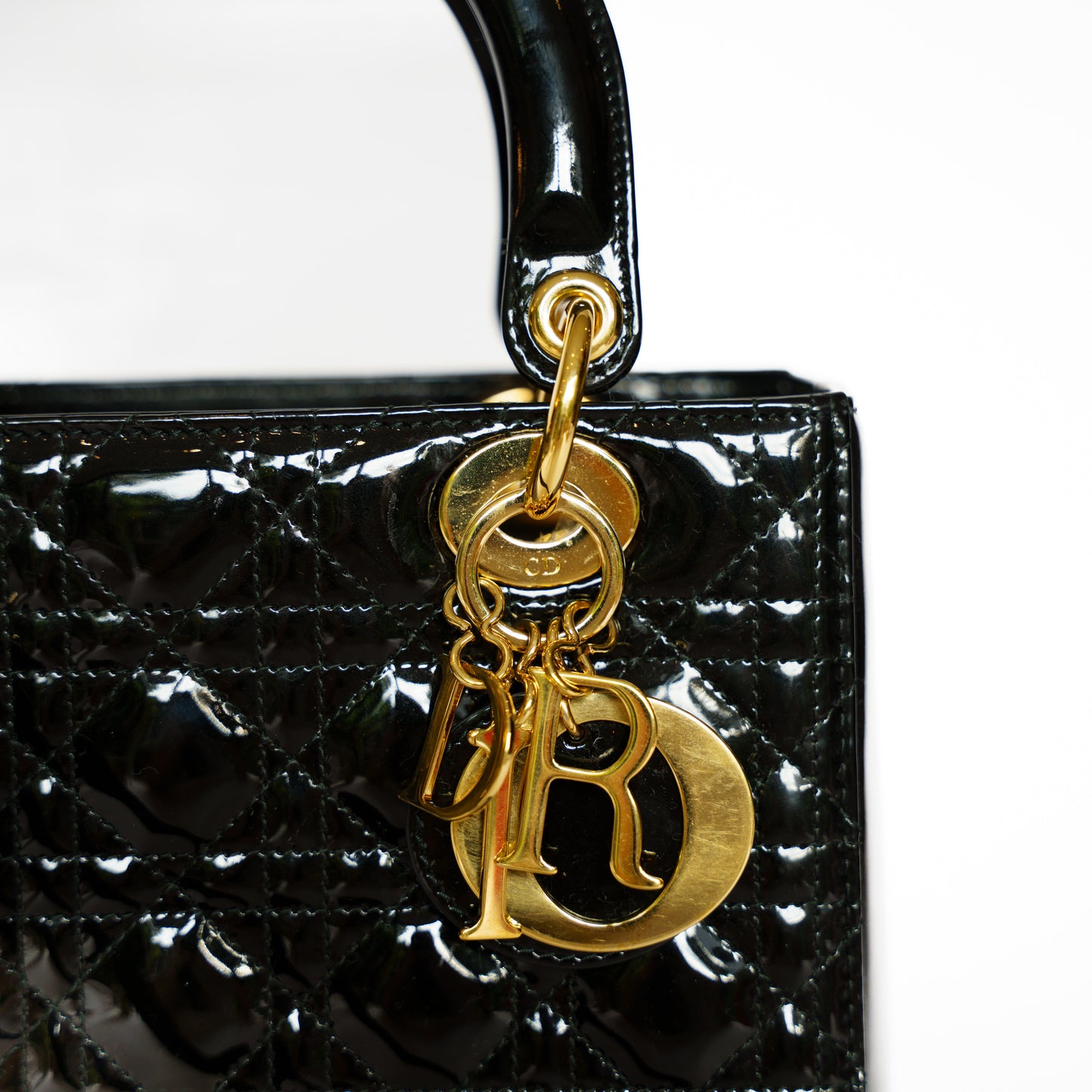 Christian Dior Medium Lady Dior Bag in Black Patent Leather with Gold Hardware