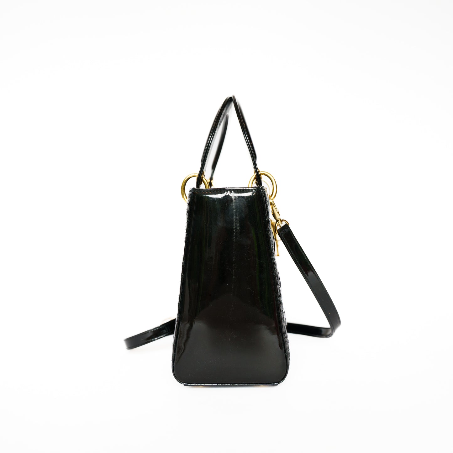 Christian Dior Medium Lady Dior Bag in Black Patent Leather with Gold Hardware