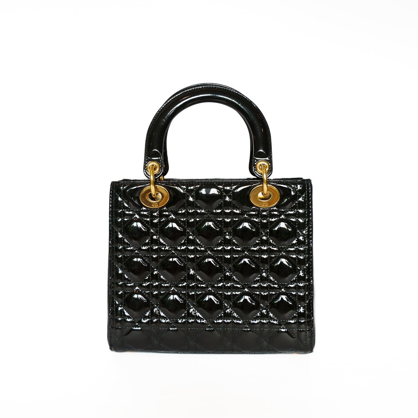 Christian Dior Medium Lady Dior Bag in Black Patent Leather with Gold Hardware