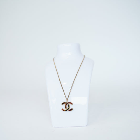 Chanel CC Pendant Tweed Necklace in Light Gold Hardware