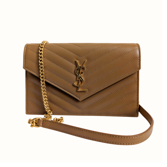 Saint Laurent YSL Cassandre Envelope Leather Wallet on Chain in Natural Tan