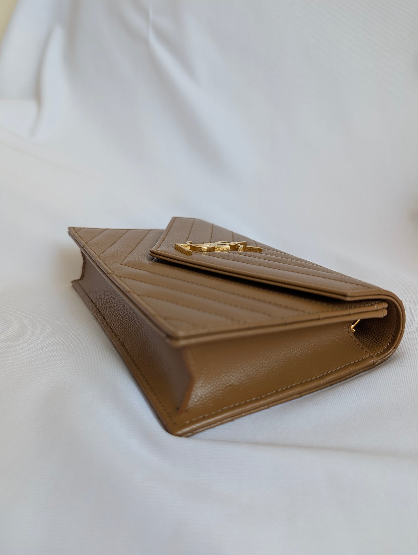 Saint Laurent YSL Cassandre Envelope Leather Wallet on Chain in Natural Tan