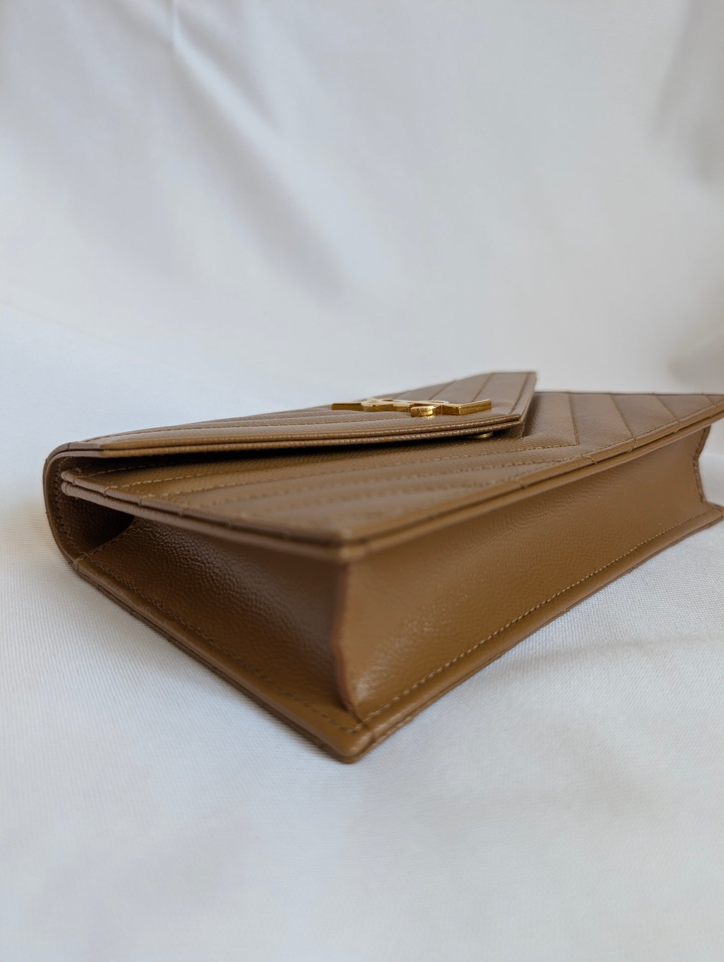 Saint Laurent YSL Cassandre Envelope Leather Wallet on Chain in Natural Tan