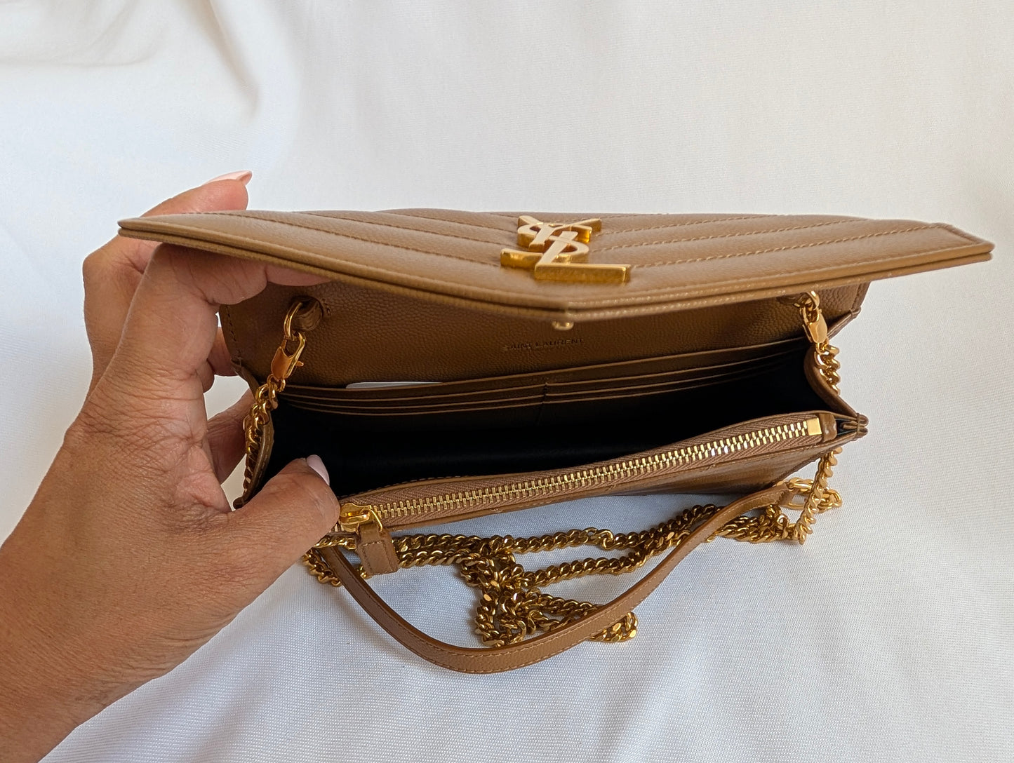 Saint Laurent YSL Cassandre Envelope Leather Wallet on Chain in Natural Tan