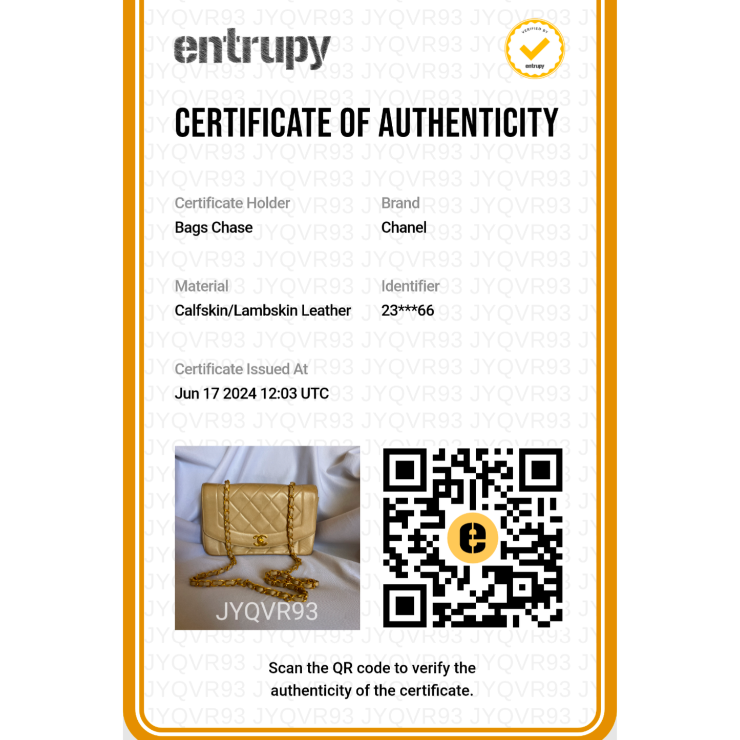 Entrupy Certificate of Authenticity (Non-refundable)