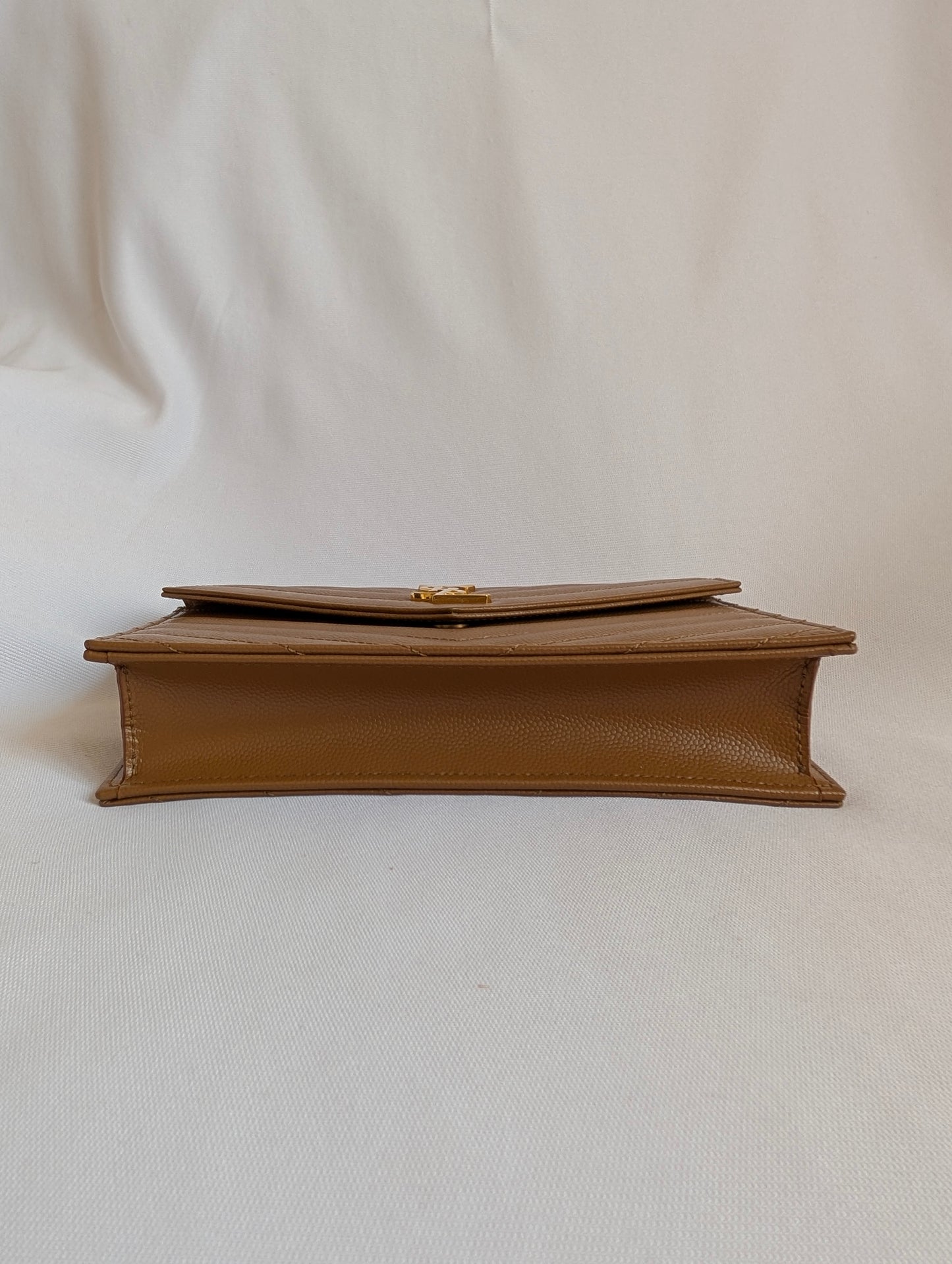 Saint Laurent YSL Cassandre Envelope Leather Wallet on Chain in Natural Tan
