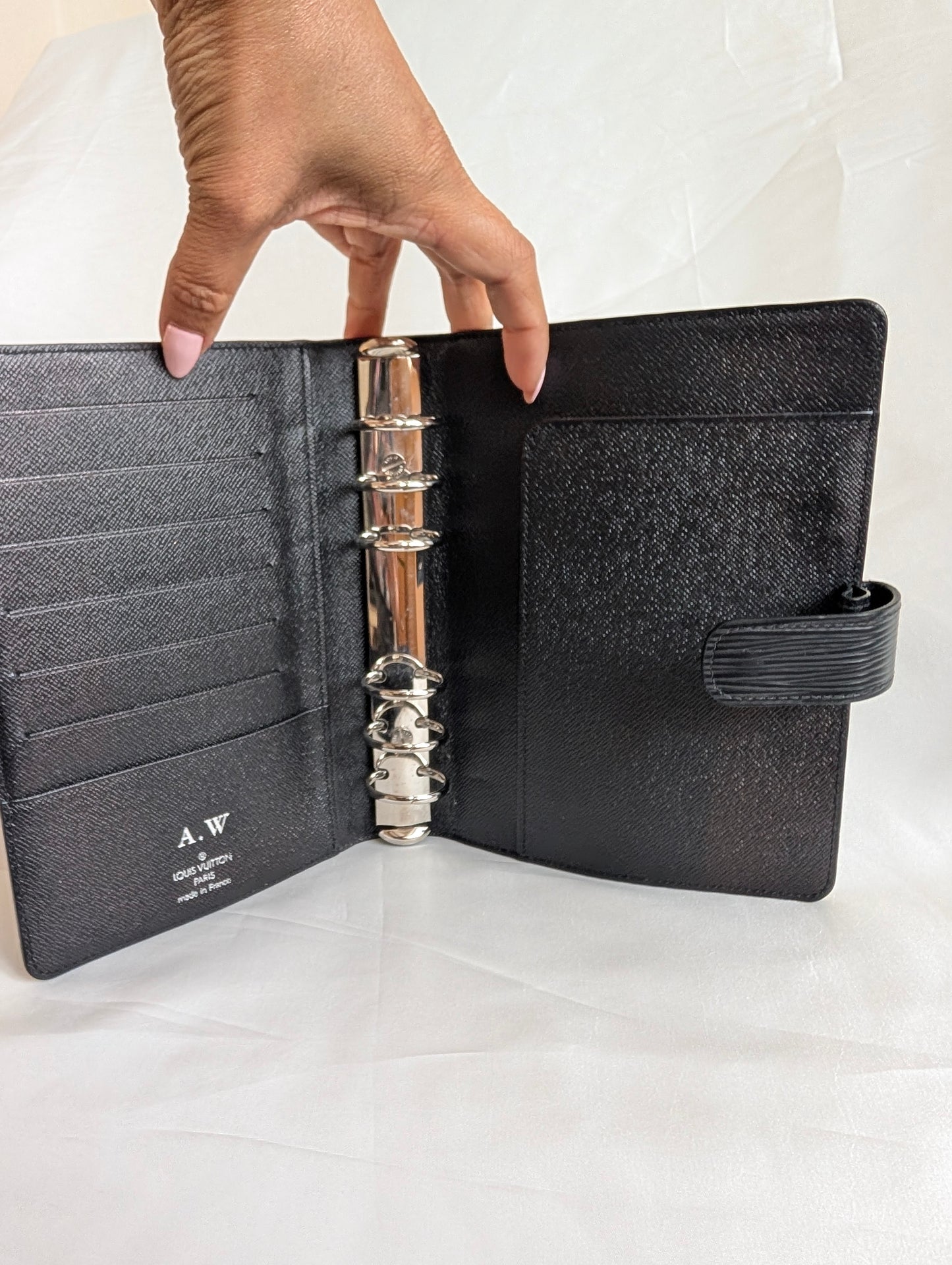 Louis Vuitton Agenda MM in Black Epi Leather with A.W initials