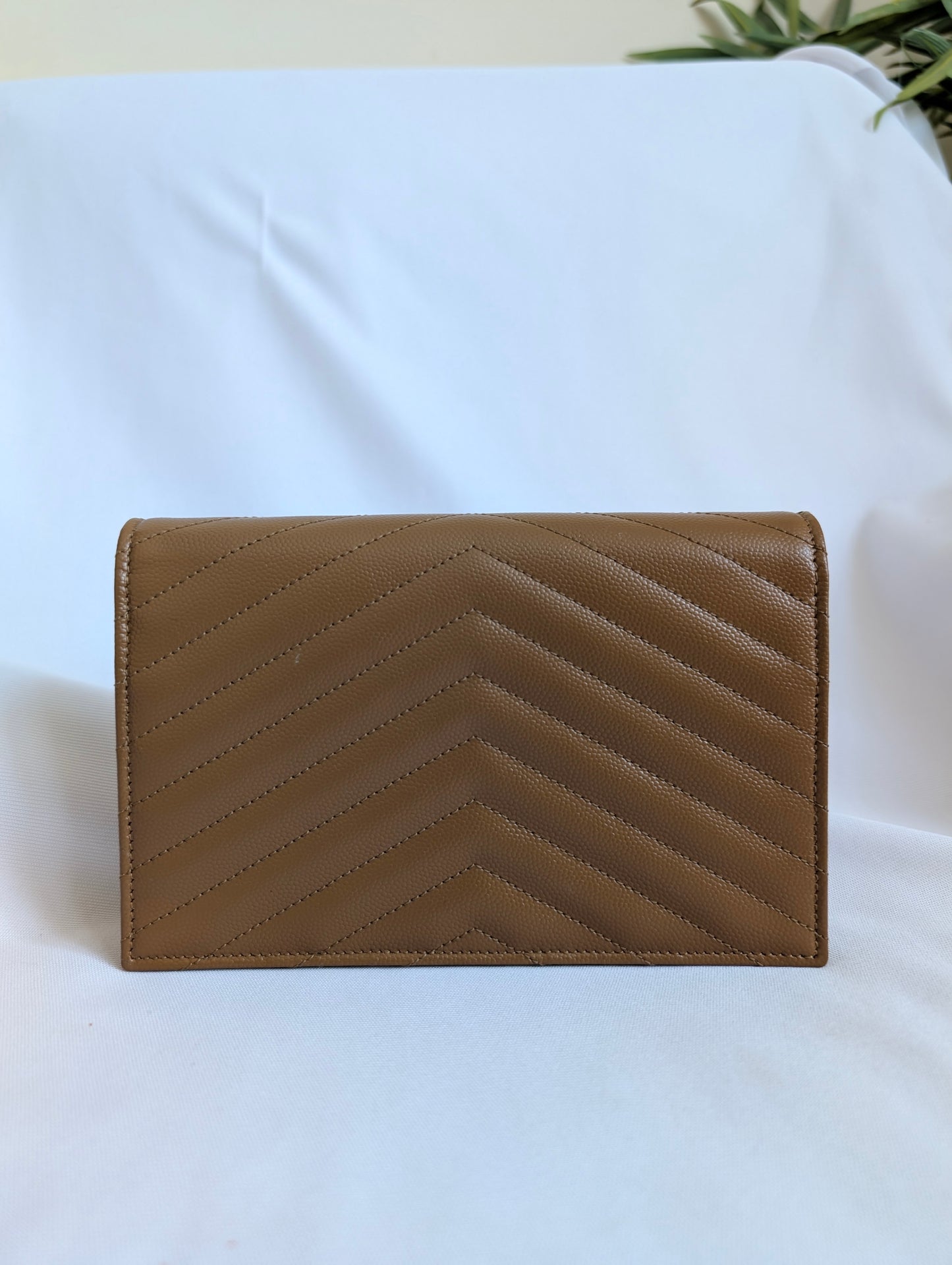 Saint Laurent YSL Cassandre Envelope Leather Wallet on Chain in Natural Tan