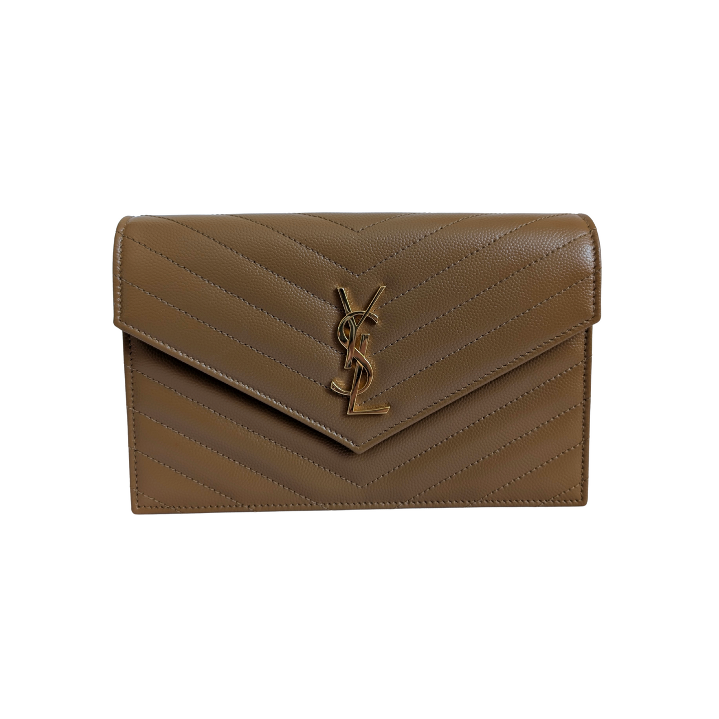 Saint Laurent YSL Cassandre Envelope Leather Wallet on Chain in Natural Tan