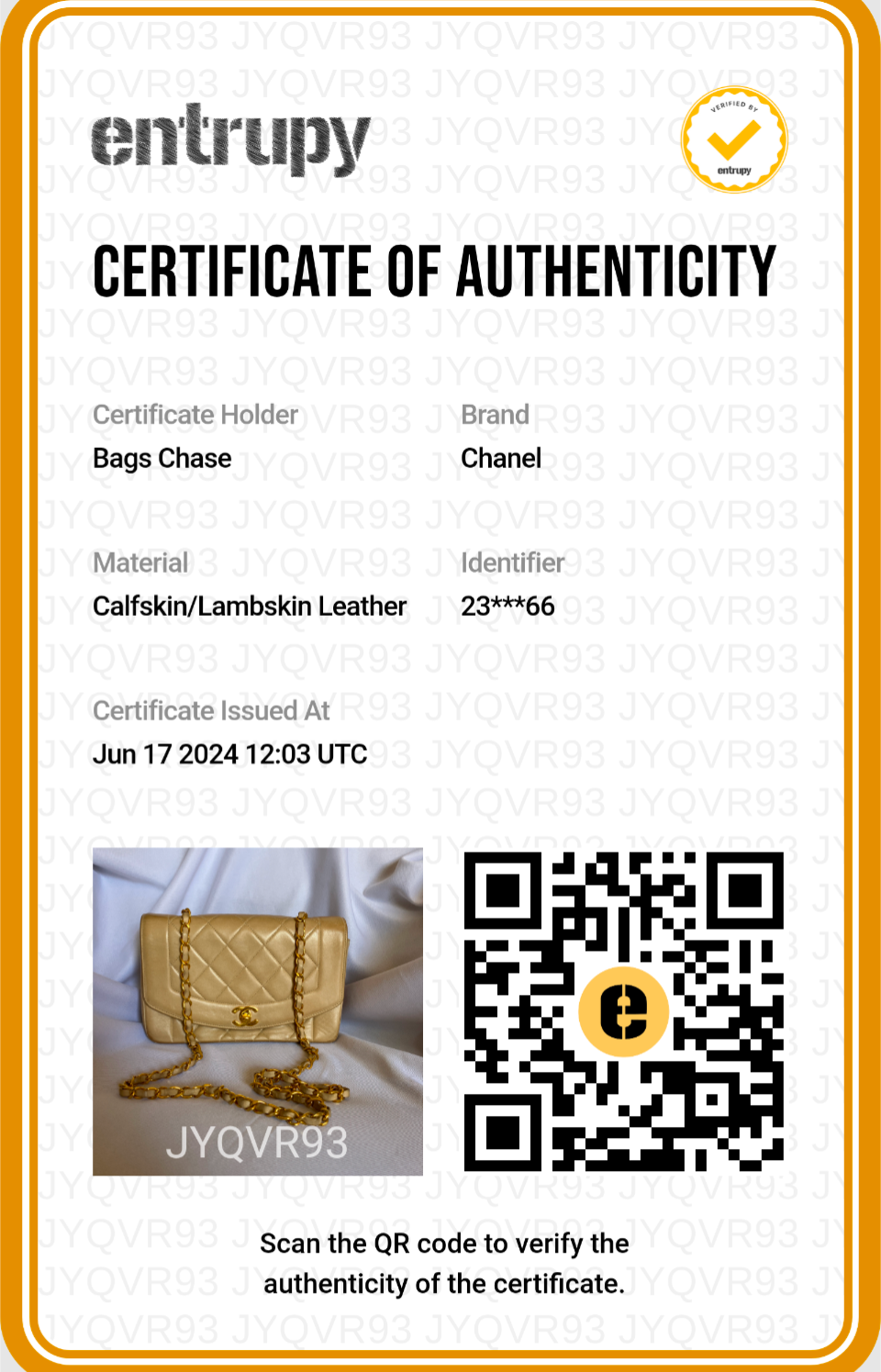 Entrupy Certificate of Authenticity (Non-refundable)