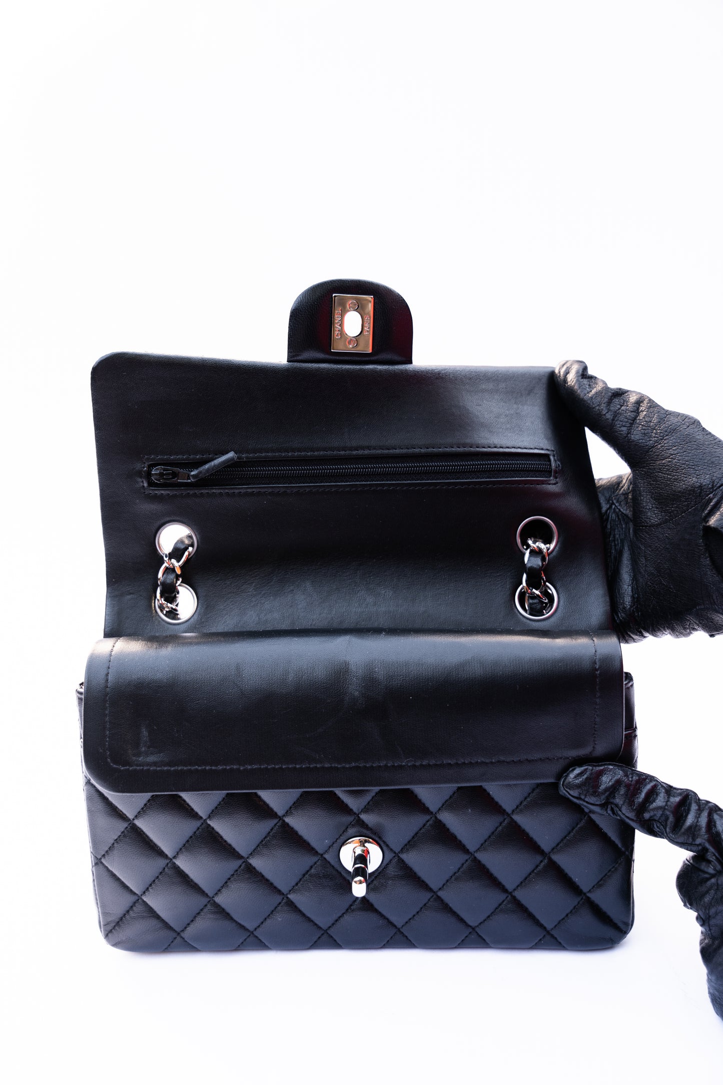 Chanel 2019 Small Classic Flap in Black Lambskin with Silver Hardware